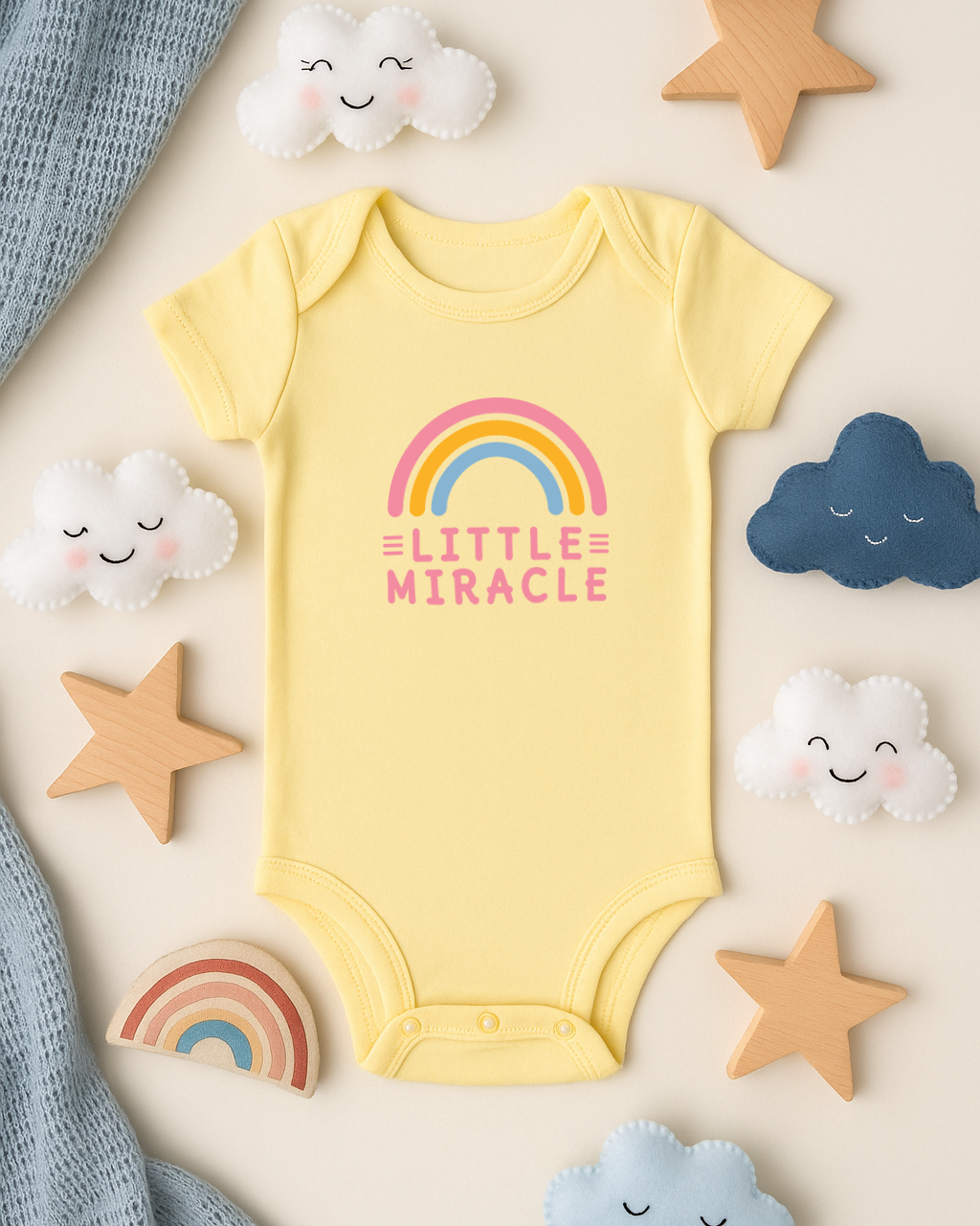 Yellow baby onesie with 'Little Miracle' print surrounded by decorative clouds and stars on a beige background