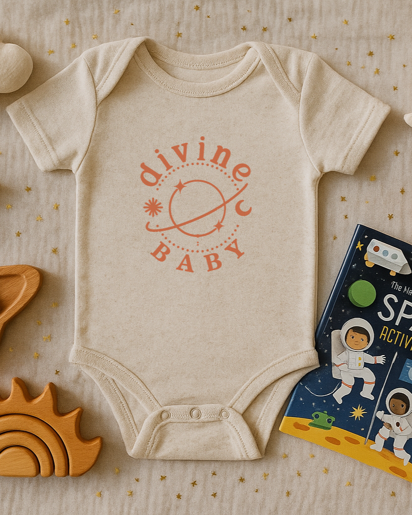 Baby onesie with 'Divine Baby' print, space-themed book, and wooden toys on a soft surface
