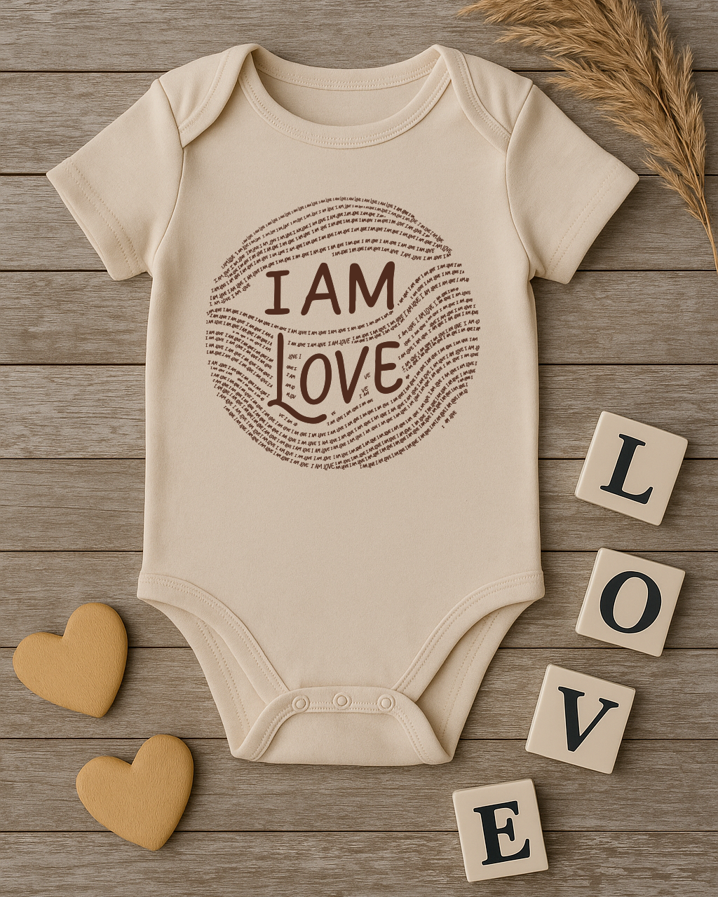 Beige baby onesie with 'I AM LOVE' text on a wooden surface with decorative elements.