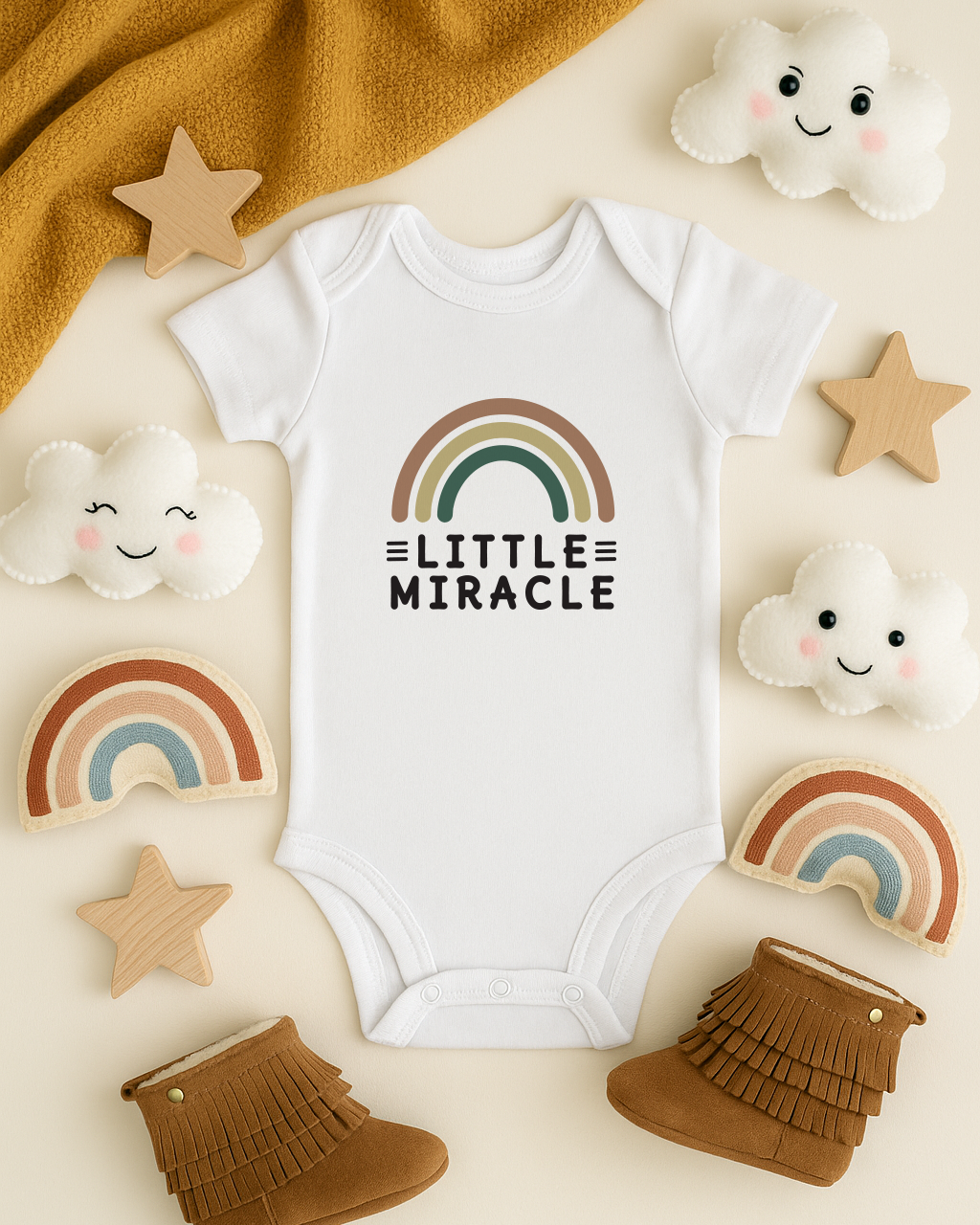White baby onesie with rainbow design and 'Little Miracle' text, surrounded by cloud and star decorations on a beige background.
