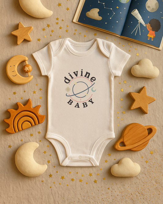 Baby onesie with 'divine BABY' text surrounded by space-themed wooden toys on a beige background