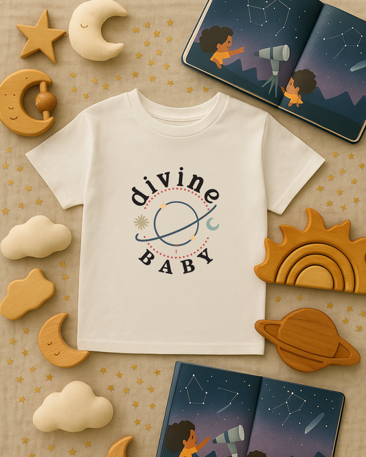 White t-shirt with 'divine BABY' design surrounded by wooden toys on a beige background