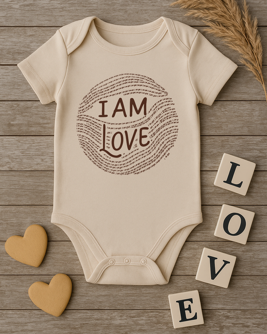 Beige baby onesie with 'I AM LOVE' text on a wooden surface with decorative elements.