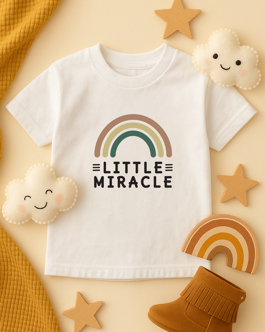 White t-shirt with rainbow and 'Little Miracle' text on a beige background with decorative elements.
